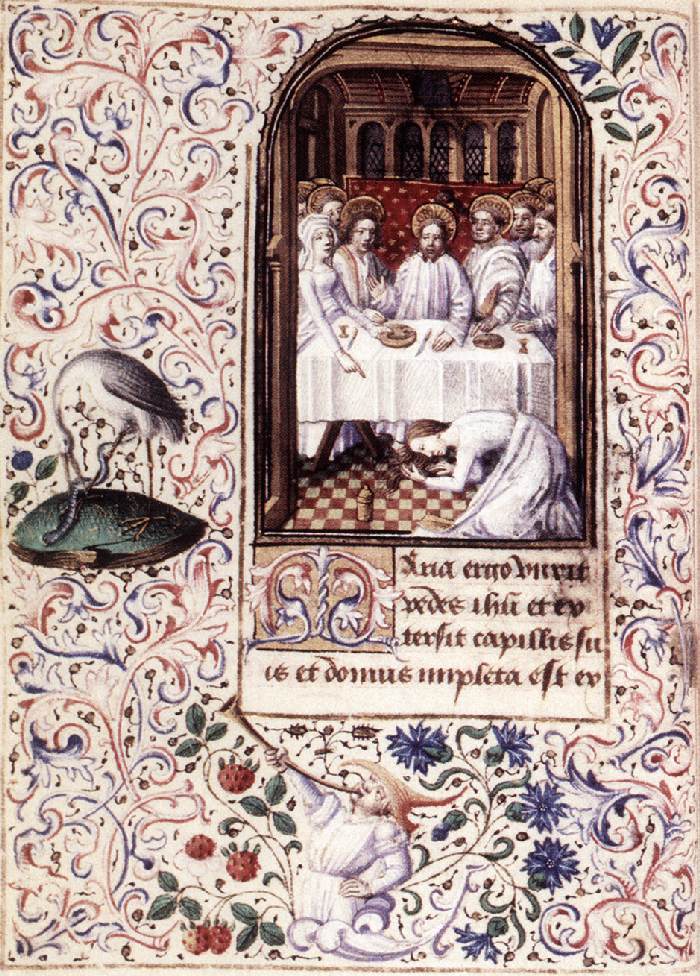 An illuminated manuscript image of the supper at Bethany, with a woman anointing Jesus at the table.