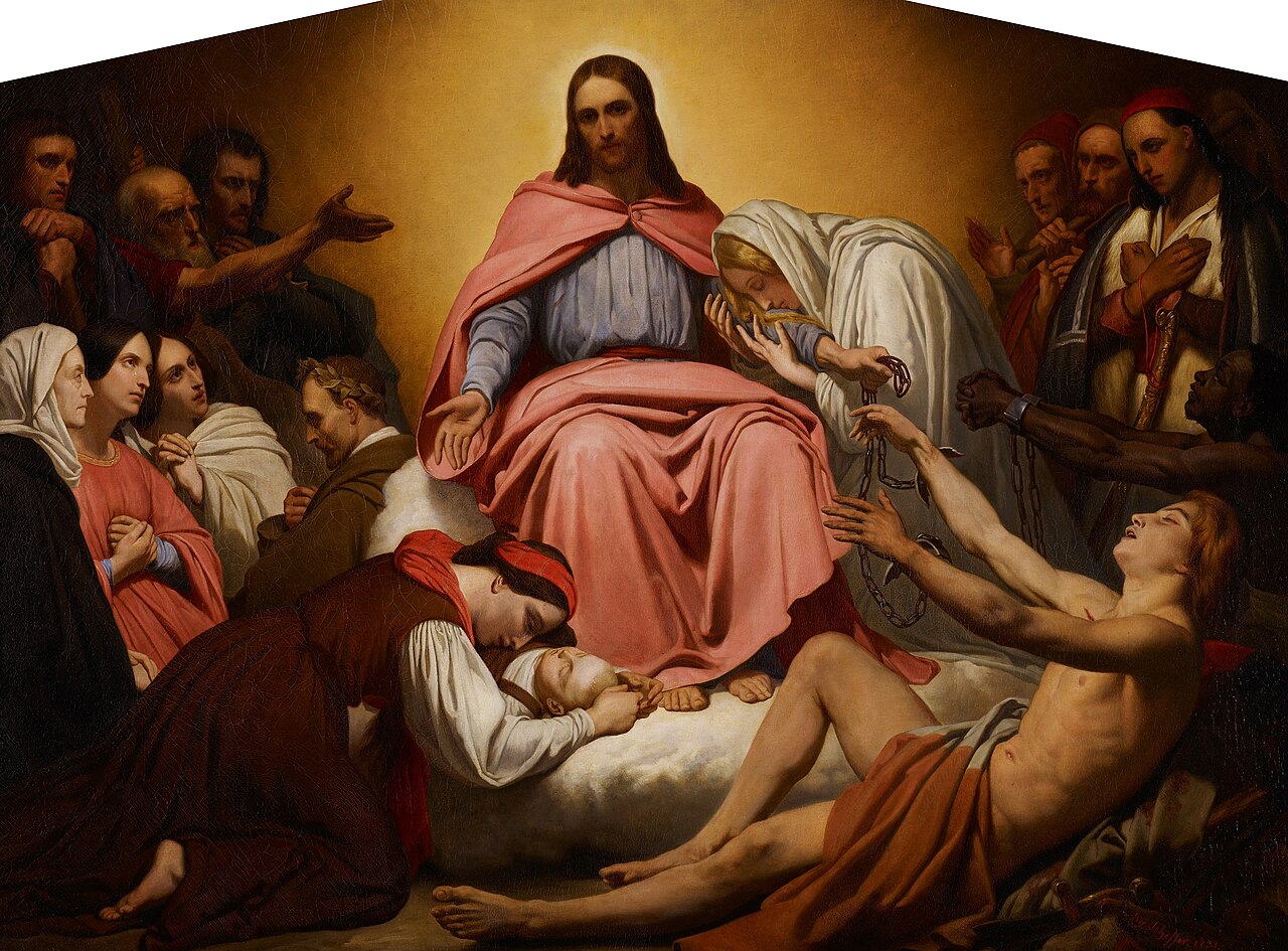 Ary Scheffer's painting Christus Consolator, Christ seated with the suffering and burdened of the world gathered around him.