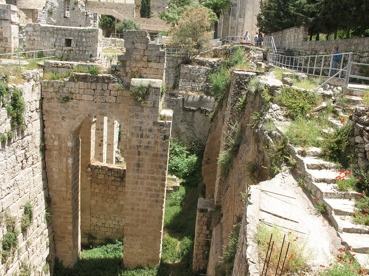 The excavated stone ruins of the pool of Bethesda in Jerusalem, deep rectangular basins beside the Church of St. Anne.