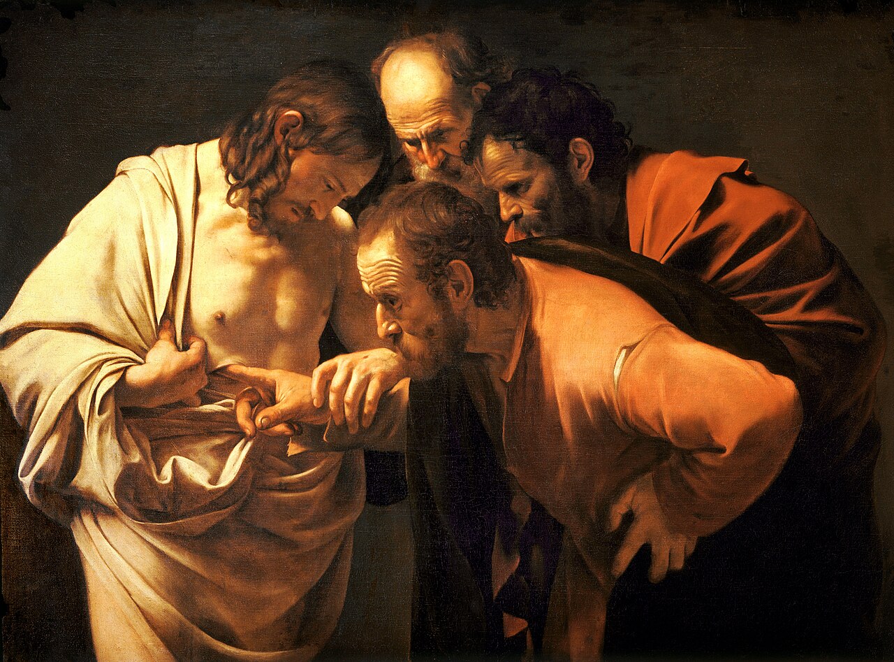 Caravaggio's painting of Thomas probing the wound in the risen Christ's side with his finger, three disciples leaning in.
