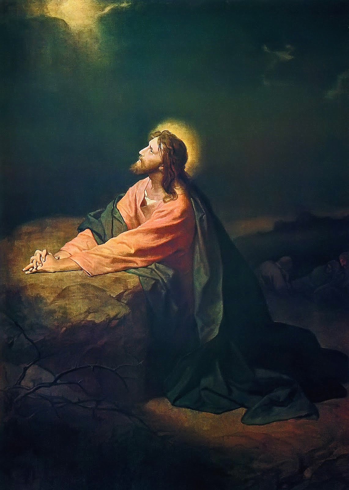 Heinrich Hofmann's painting of Christ at prayer, kneeling with hands clasped and face lifted, bathed in light.