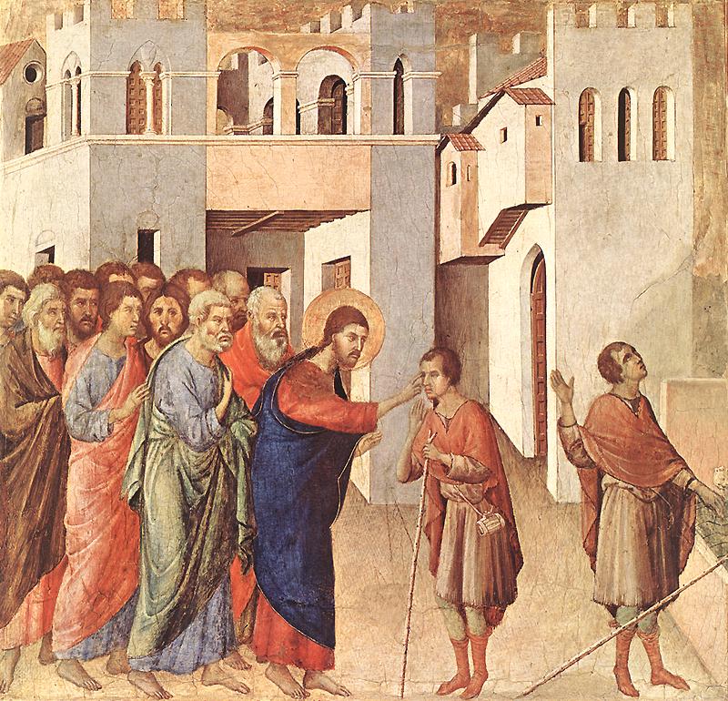 Duccio's medieval panel of Christ healing the man born blind, touching his eyes as the man then appears again with sight.