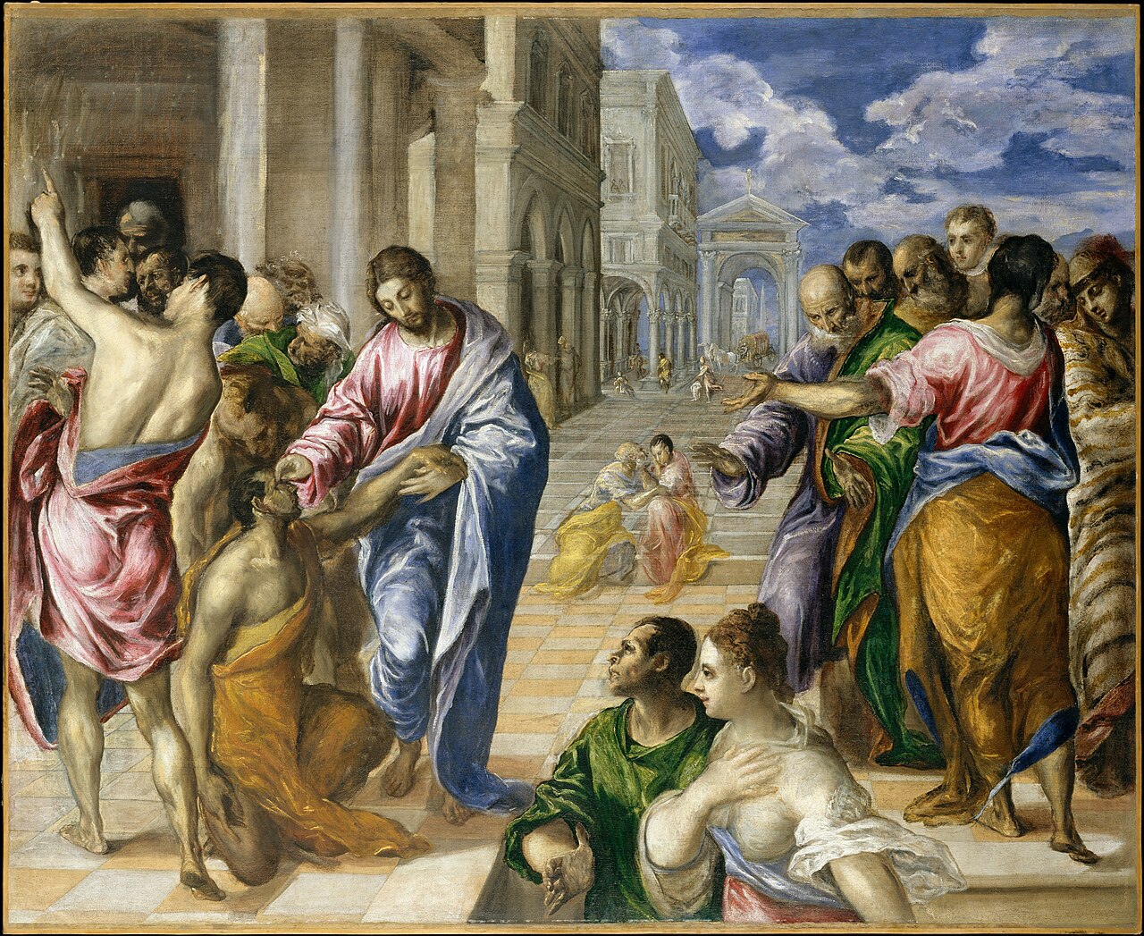 El Greco's dramatic painting of Christ healing the blind, figures swirling in astonishment around the central act.