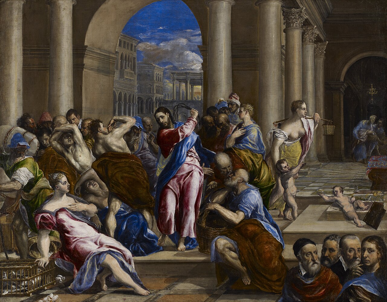 El Greco's painting of Christ driving the money changers from the temple, a whip raised, figures recoiling in a swirl of colour and motion.