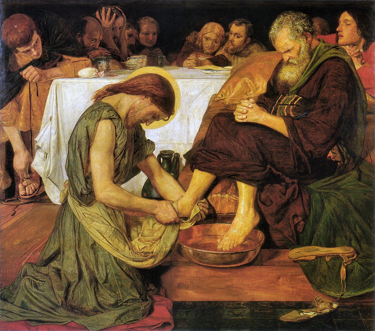 Ford Madox Brown's painting of Jesus, stripped to a towel, kneeling to wash Peter's feet as the disciples look on in discomfort.