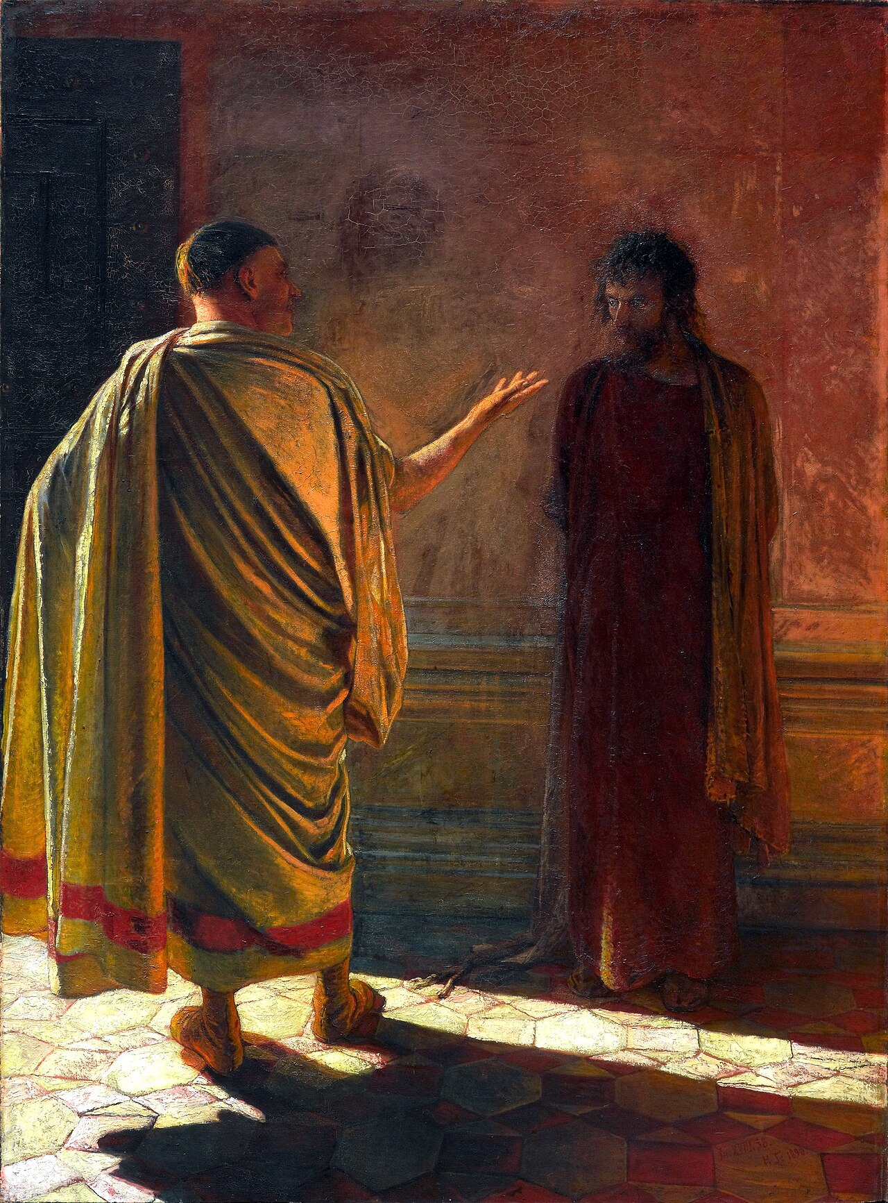 Nikolai Ge's painting of Christ standing bound in shadow before a brightly lit, gesturing Pilate.