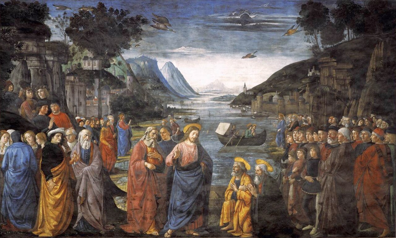 Ghirlandaio's fresco of the calling of the first disciples: Christ on a shore with kneeling fishermen, a crowd behind, boats and a lake beyond.