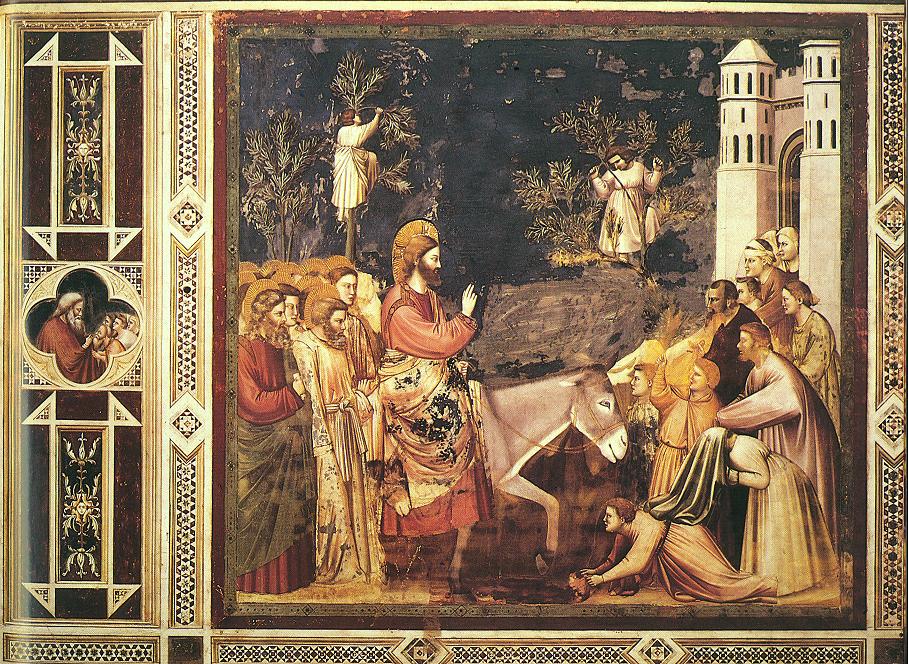 Giotto's fresco of Christ's entry into Jerusalem, riding a donkey as crowds spread cloaks and cut branches.