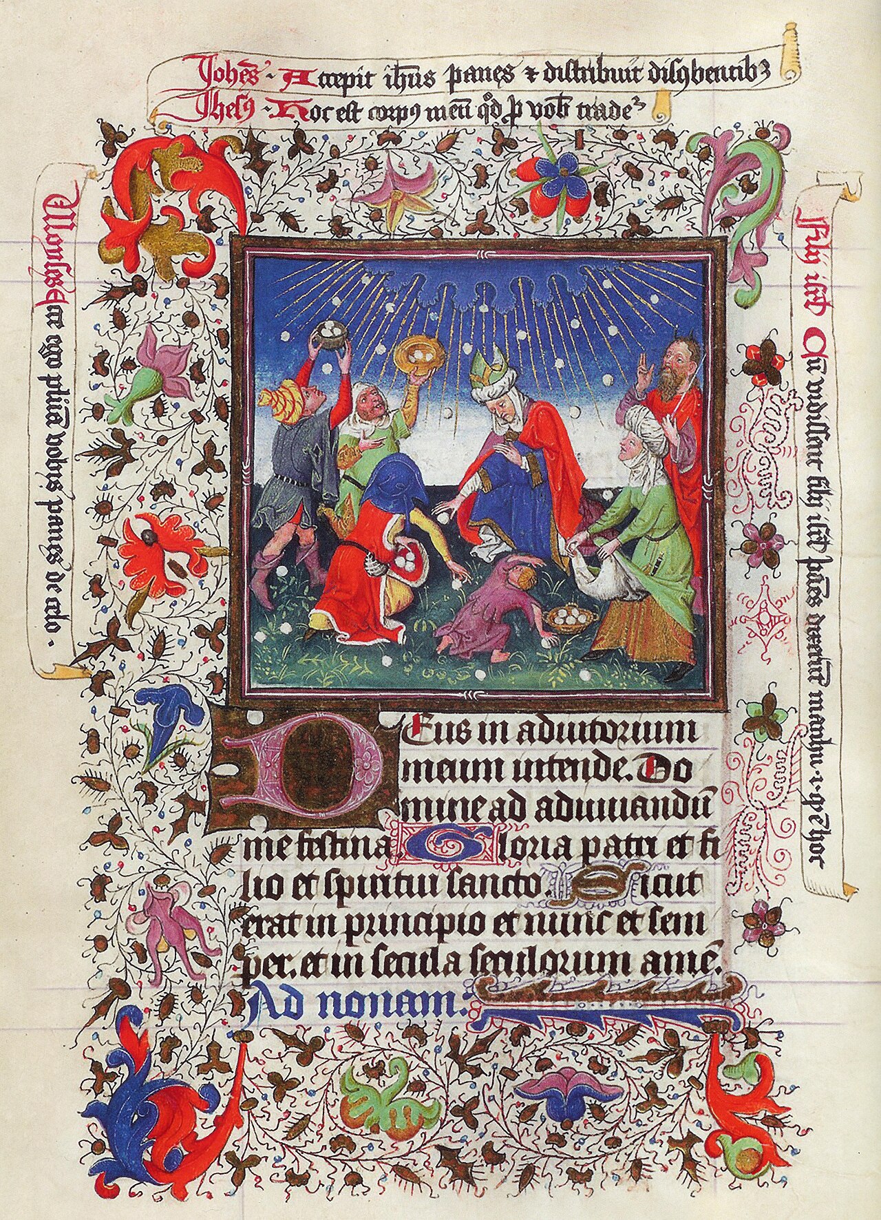 A richly illuminated medieval manuscript page showing the Israelites gathering manna from the ground in the wilderness.