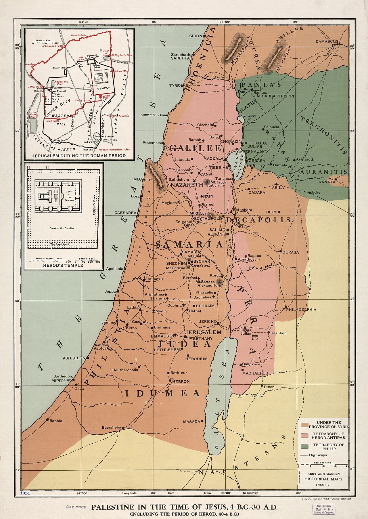 A map of Palestine in the time of Jesus, showing Judea, Samaria, and Galilee, the Jordan River, the Dead Sea, and towns including Nazareth, Bethsaida, and Cana.