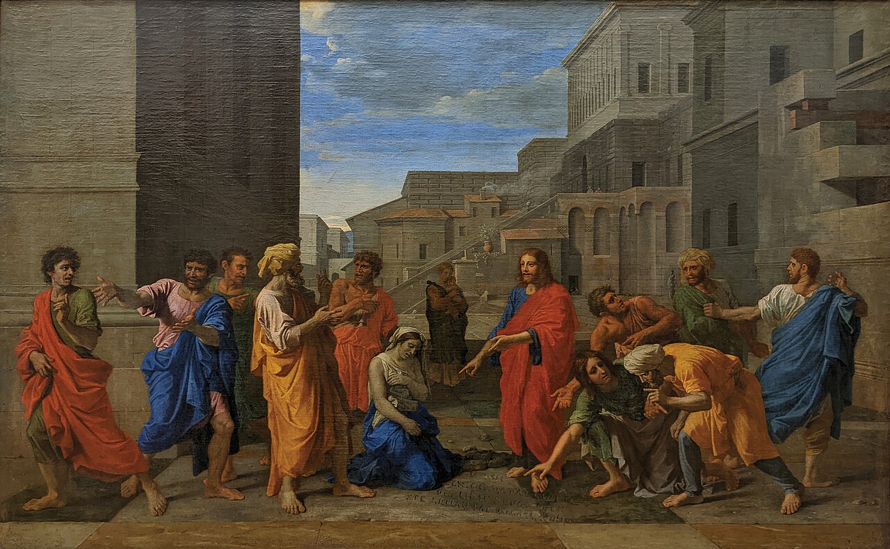 Nicolas Poussin's painting of Christ and the woman taken in adultery, the accusers turning away as Jesus gestures toward the kneeling woman.