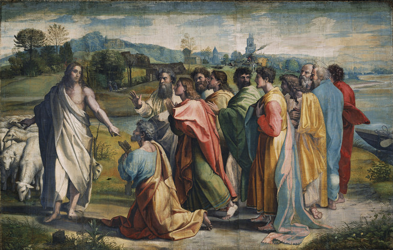 Raphael's cartoon Christ's Charge to Peter: the risen Christ gesturing to a kneeling Peter with the other disciples gathered, sheep at their feet.