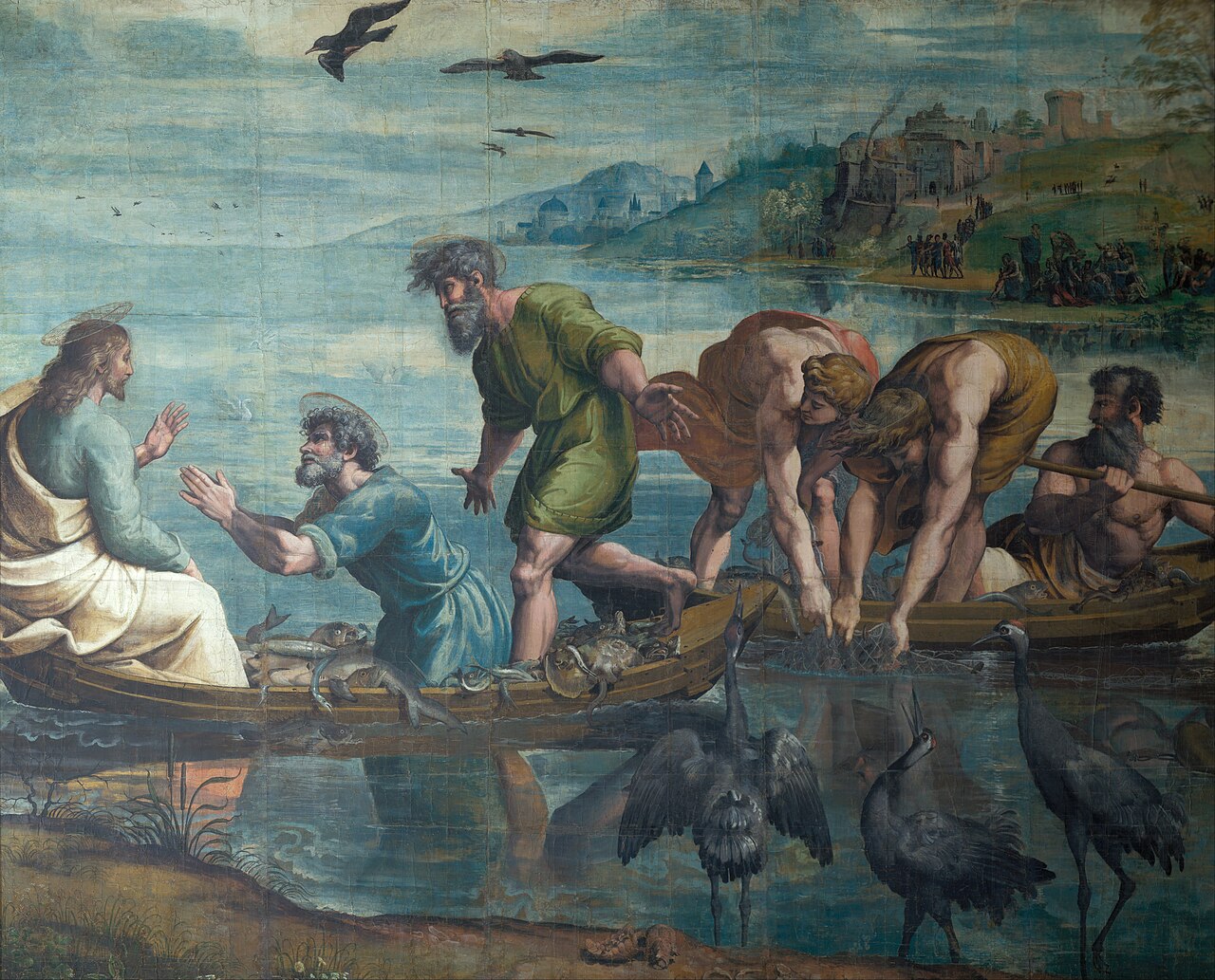 Raphael's cartoon of the miraculous draught of fishes, disciples hauling overloaded nets from low boats as Christ sits at the prow.