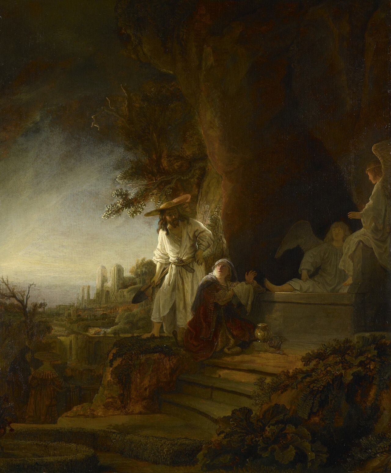 Rembrandt's painting of the risen Christ appearing to Mary Magdalene at the tomb at dawn, with the city beyond.