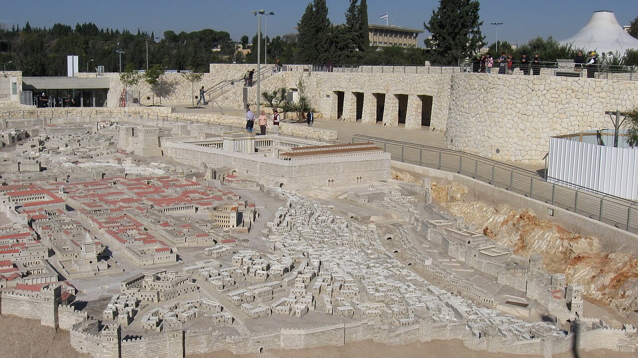 A detailed scale model of Herod's temple and its courts in Jerusalem in the late Second Temple period.