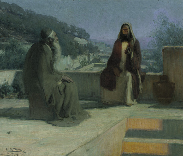 Henry Ossawa Tanner's painting of Jesus and Nicodemus talking at night on a moonlit rooftop, warm light falling on the two seated figures.