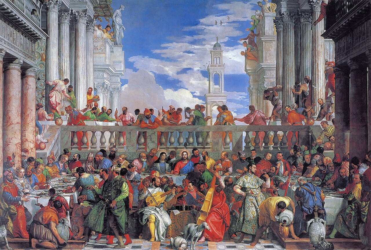 Paolo Veronese's vast painting of the Wedding at Cana: a sumptuous banquet of dozens of guests, musicians in the foreground, Christ seated calmly at the center of the table.